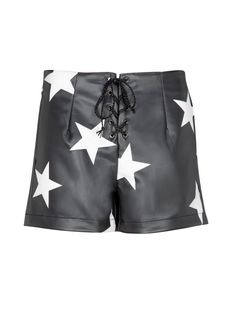 Add some edge to your look with these high waisted faux leather shorts! Never be the bore in these shorts made from soft faux black leather and embellished with a white star design. The high rise and lace up front details give the short an elevated finish and a classic leg-lengthening silhouette. Available in sizes S, M and L. Made out of 65% polyester and 35% polyurethane. Elevate your look in these faux leather shorts creating an oh-so-fab feel to your wardrobe. Star Print Pants, Def Leppard Pyromania, Faux Leather Shorts, Velvet Flares, Print Pants, Bell Bottom Pants, White Star, Star Design, Printed Rompers