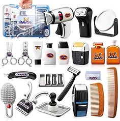 an assortment of grooming products displayed on a white background with clippings and scissors