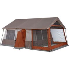 an orange and gray tent with the door open