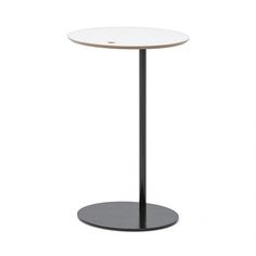 a round table with a black base and a white top on an isolated surface, viewed from the side