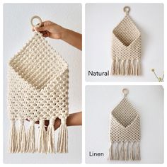 three pictures showing how to make a macrame wall hanging