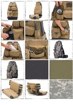 various images of different types of backpacks with multiple compartments and straps, including one that has