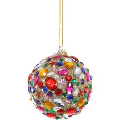 a colorful ornament hanging from a gold chain on a white background with lots of beads