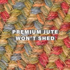 the words, premium won't shed are written over an image of colorful yarn