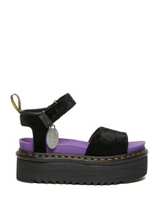 Freedom to move. Freedom from stereotypes. X-girl has always been interested in creating “real clothing” that allows girls to dress on their own terms. This tough yet relaxed attitude runs through the Strap X-girl Sandal. The black velvet upper is contrasted with a Purple X-girl footbed and a leopard-print-lined vamp strap. The sandal’s dual branding is also finished with a brushed silver dog tag. The Strap X-girl Sandal features our tallest sandal sole yet — the towering Max, featuring a padded Purple Sandals, Girls Sandals, Dr. Martens, Strap Sandals, Cute Shoes, Platform Sandals, Black Sandals, Loafer Shoes, Black Velvet