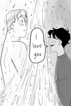 a drawing of two people standing in the rain, one has an i love you bubble above his head