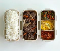 three plastic containers filled with rice, meat and veggies next to each other