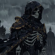 a skeleton dressed in black with a hood and cape is standing in the rain while holding an umbrella