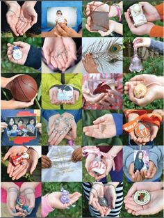 many different pictures of people holding their hands with small items in each other's hands