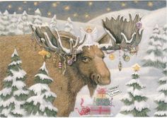 a moose in the snow with christmas decorations on its antlers and an angel above it