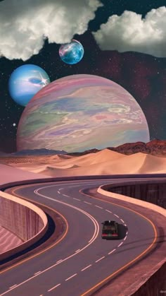 an artist's rendering of planets in the sky over a road with cars driving on it