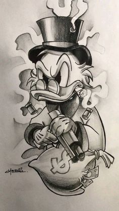 Diseños y plantillas para los amantes del tattoo 🥵🔥 | Facebook Donald Duck Tattoo Design, Scrooge Mcduck Tattoo, Cartoon Tattoo Designs, Cartoon Tattoo Ideas, Dagobert Duck, Half Sleeve Tattoos Drawings, Cool Tattoo Drawings, Gangsta Tattoos, Money Tattoo