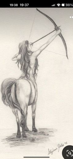 a pencil drawing of a woman with a bow on her back standing next to a horse