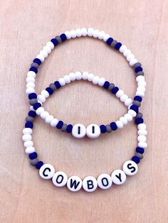 Ullabeads Dallas Cowboys inspired Bracelet | Cowboys Bracelet | Football Bracelet ⚠️ NOTE: Please do NOT guess wrist size! Always measure your wrist :)  ⚠️ NOTE: Team colors are not exact. Ullabeads uses inspired colors & design. 🔵⚪️🔵⚪️🔵⚪️🔵 America's Team -- show your team pride! These stretchy friendship bracelets make a bold statement! Represent your favorite sports team and add these bracelets to your collection today!  🏈 Wear on gamedays 🏈 Pair this set with your favorite outfit or footwear 🏈 Great gifts for fans, family, and friends 📌OPTIONS A) Team colors ONLY B) Team colors + Numbers C) Team colors + Letters 📌 Details: * 4mm Seed Beads * Elastic Stretch Cord ⬇️ WANT MORE SEED BEADS? STACK 'EM ⬇️ ✨ Ullabeads Miami Dolphins Bracelet ✨ https://ullabeads.etsy.com/listing/161647 Cowboys Bracelet, Dallas Cowboy Bracelet, Cowboy Jewelry, Team Bracelets, Football Bracelet, Dolphin Bracelet, Sports Bracelet, Cowboys Football, Bracelet Friendship