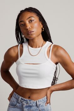 Step Up Ribbed Halter Cutout Crop Top in Off White - $47 | Tobi US Summer White Ribbed Halter Top, White Ribbed Crop Top Tank, White Ribbed Racerback Crop Top, White Tank Halter Top With Built-in Bra, White Seamless Tank Strap Crop Top, Off White Shop, Cool Girl Aesthetic, Cutout Crop Top, Style Bundle