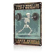 a metal sign with a skeleton holding a barbell in it's right hand