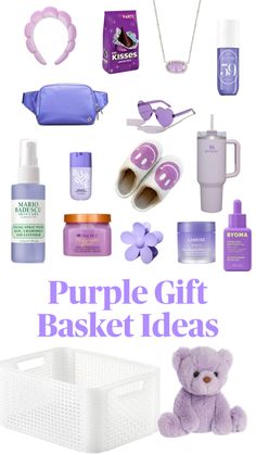 the purple gift basket is filled with items for girls to use in their hair and body care