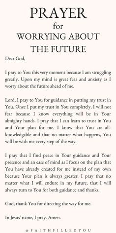 the prayer for praying about the future is shown in black and white, with an image of