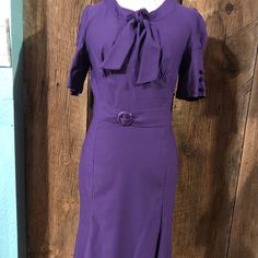 New With Tag Retro Style Pencil Dress. Bright Purple Fitted Purple Midi Dress With Short Sleeves, Purple Fitted Midi Dress For Office, Fitted Purple Midi Dress For Office, Vintage Fitted Office Dress, Vintage Fitted Dresses For Office, Fitted Vintage Dress For Office, Purple Fitted Short Sleeve Dress, Purple Midi Office Dresses, Office Purple Midi Length Dresses