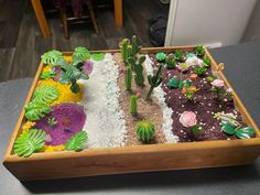 a wooden tray filled with lots of different types of plants and rocks on top of a table