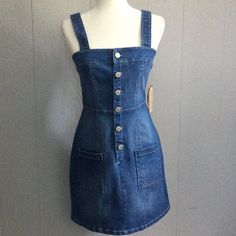 A Cool Summer Dress That Can Be Worn So Many Different Ways. Medium Wash Lightweight Denim With A Decent Amount Of Stretch Working Buttons Down The Bodice For Easy On/Off Front Pockets Wide Shoulder Straps Length 34” Bust 16” Waist 15” Hips 16” Brand New! So Cute!! Fitted Casual Denim Blue Dress, Fitted Denim Casual Dress, Fitted Casual Denim Dress, Casual Fitted Denim Dress, Casual Fitted Denim Dress With Pockets, Denim Jumper, Copper Key, Cool Summer, On Off