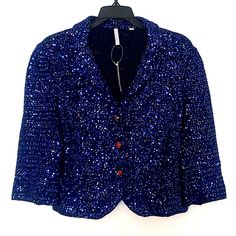 Nwt Gorgeous Blue Sequin Jacket A Head Turner! Swarovski Crystal Buttons On Body And Sleeves Midnight Blue Tiffany Jacket Has Some Stretch To It Winter Party Blue Blazer, Chic Blue Blazer For Party, Tailored Blue Outerwear For Party, Chic Blue Party Outerwear, Blue Single Breasted Outerwear For Party, Blue Long Sleeve Blazer For Evening, Blue Evening Blazer For Spring, Elegant Blue Party Outerwear, Fitted Blue Cropped Jacket For Fall