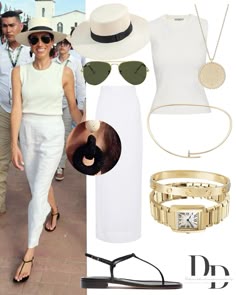 Aug, 2024,   Meghan’s Fashion Details:  - Top: #argent ‘Ribbed Crewneck Tank’. - Skirt: #posse ‘Emma’ Linen Pencil Skirt. - Shoes: #emmeparsons ‘Cecilia’ Leather Thong Sandals. - Hat: #hanniachar 'Boater' Hat. - Sunglasses: #rayban ‘Aviator Classic’ Sunglasses. - Necklace: #cartier ‘Juste Un Clou’ Collar Necklace & #arielgordonjewelry ‘Imperial Disc Pendant Necklace’. - Watch: Princess Diana’s #cartier Yellow Gold ‘Tank Française’ Watch. - Bracelet: #cartier 'Love' Bracelet. - Unidentified Earrings. Necklace Cartier, Meghan Style, Meghan Markel, Linen Pencil Skirt, Meghan Harry, Bracelet Cartier, Duchess Meghan, Sunglasses Necklace, Pleats Skirt