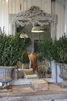 there are many potted plants on the table in front of the mirror and vases