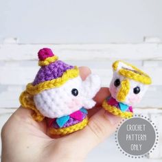 two tiny crocheted dolls are held in their hands with the caption crochet pattern only