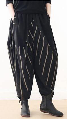 new 2019 black striped cotton trousers high waist women lantern pant Modern Wizard, Low Pants, Organic Photography, Summer Linen Pants, Black Wardrobe, Dhoti Pants, Cashmere Outfits, Printed Wide Leg Pants