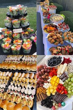 a table filled with lots of different types of food and desserts next to each other