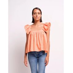 Double Ruffle Orange Eyelet Top. Nice Cotton Material That Falls Very Nicely And Great For Spring/Summer. Has Small Buttons In The Back For A Great Detail. Katharine Kidd Is A An La Designer And Clothing Is Made Sustainably In The Us. Size: Women L Chest: 19" Pit To Pit Length: 23.5" From Shoulder Content: 100% Cotton Condition: New Nwt Poncho Wrap Shawl, Old Navy Tank Tops, Crochet Lace Top, Eyelet Top, Orange Fashion, Wrap Blouse, Lace Shirt, Juno, Sheer Blouse