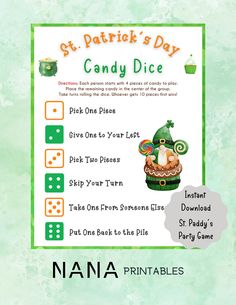 the st patrick's day candy dice game is shown with instructions for each player