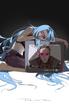 a woman with blue hair laying on the ground in front of a tv screen that has an image of a man sitting next to her