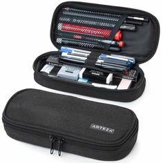 Store, secure, and easily travel with all of your favorite writing instruments and tools when you upgrade to this well-crafted Black Pencil Case! Artist Pencil Case, Black Pencil Case, School Bag Essentials, Inside My Bag, Study Stationery, Stationary School, Commute To Work, Black Pencil, Essential Bag