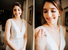 a woman in a white dress is smiling and looking at her wedding ring on her finger