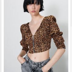 New With Tags Size: Small Zara Leopard Print Cheetah Print V-Neck Crop Top Long Sleeves Zip Up Bundle And Save Ships Same Day Or Next Business Day Use Invite Code Indyposhkristin To Join Poshmark And Receive $10 Off Your First Purchase. Fitted V-neck Brown Blouse, Trendy Leopard Print V-neck Blouse, Fitted Brown V-neck Blouse, Fitted Brown V-neck Crop Top, Brown V-neck Crop Top For Fall, Brown Cropped Blouse For Fall, Brown V-neck Crop Top, Zara Trendy V-neck Crop Top, Leopard Print V-neck Tops For Night Out