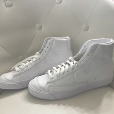 Got The Wrong Color Size 9.5 Never Worn Classic High-top Sneakers Medium Fit, Classic High-top Synthetic Sneakers With Laces, Classic High-top Sneakers With Round Toe, Nike Classic Leather High-top Sneakers, Classic Nike Sneakers For Spring, Classic Leather High-top Sneakers For Spring, White Nike Blazers, Nike Shoes White, Nike Blazers