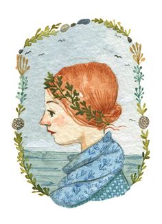 a watercolor painting of a woman with red hair wearing a blue dress and wreath around her neck