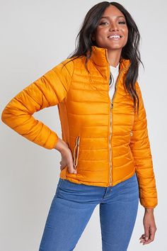 Junior Fitted Puffer Jacket J1672 Solid Color Down Puffer Jacket With Zipper, Casual Yellow Puffer Outerwear, Yellow Spring Puffer Jacket, Yellow Long Sleeve Puffer Outerwear, Yellow Puffer Jacket, Ymi Jeans, Winter Fit, Mauve Color, Layering Pieces