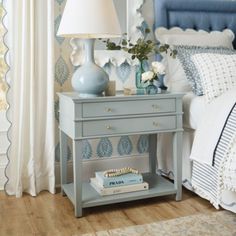 a bedroom with blue and white decor on the walls, bedding and nightstands