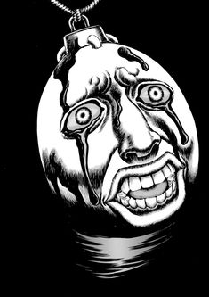 a black and white drawing of a creepy looking face on a ball chain with the moon in the background