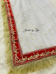 Here I am selling this Gorgeous White net dupatta with red QABOOL HAI embroidery on all four sides with golden lace to finish the look.  Perfect for brides on their Nikkah Wedding Rukhsati. Any Questions please feel free to ask. NO REFUND/NO EXCHANGE/NO RETURN Regards  Jewels by Zak❤️ Bollywood Lehenga For Marriage During Diwali, Dabka Embroidered Saree Fabric For Wedding, Bollywood Style Embroidered Dabka Fabric For Wedding, Gold Choli With Dupatta For Traditional Ceremonies, Red Dabka Dupatta For Wedding, Red Dupatta With Dabka For Wedding, Red Dabka Wedding Dupatta, Red Dabka Embroidered Dupatta For Festivals, Red Dabka Dupatta For Festivals