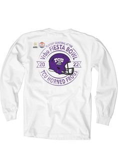 Display your TCU Horned Frogs spirit in this Horned Frogs White T-Shirt! This Horned Frogs 2022 College Football Playoff Bound Long Sleeve T-Shirt makes a great layer for cooler nights cheering on the Horned Frogs. Featuring a screen print TCU Horned Frogs Football College Football Playoff bound graphic on front chest, this TCU Horned Frogs Long Sleeve LS Tee is a must-have for any fan. Roll up the scores for TCU! Long sleeve, Unisex, Soft hand, Garment dyed, Screen print graphic, 100% Cotton Tcu Horned Frogs Football, Long Sleeve Cotton T-shirt For Football Season, Football College, Tcu Horned Frogs, College Football Playoff, Horned Frogs, Frog T Shirts, Print Graphic, Soft Hand