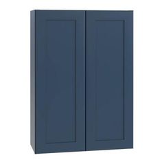 a blue cabinet with two doors on the front and one door open to reveal something