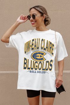 WISCONSIN-EAU CLAIRE BLUGOLDS SHAKEDOWN OVERSIZED CREWNECK TEE Collegiate Crew Neck T-shirt For Streetwear, Oversized School Spirit T-shirt With Letter Print, Oversized Screen Print T-shirt For College, Collegiate Crew Neck T-shirt With Graphic Print, Collegiate Graphic Print Crew Neck T-shirt, Graphic Tee Crew Neck T-shirt For Game Day, Game Day Graphic Tee With Crew Neck, Graphic Tee Crew Neck For Game Day, Oversized Collegiate Short Sleeve T-shirt