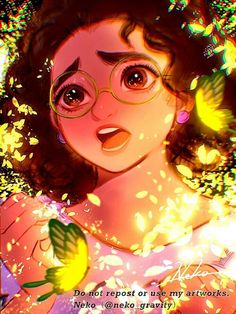 a girl with glasses and flowers in her hair is looking at the camera while she's surrounded by butterflies