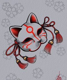 a drawing of a cat with red eyes and tassels on it's tail