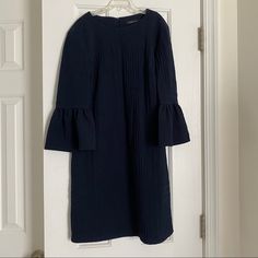 Zara Navy Dress With Bell Sleeves Brand New With Tags Size S Zara Pleated Dress For Work, Zara Pleated Dress For Workwear, Elegant Shift Midi Dress For Brunch, Zara Blue Midi Dress For Work, Elegant Navy Dress For Brunch, Dress With Bell Sleeves, Bell Sleeve Dress, Navy Dress, Zara Dresses