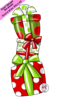 a stack of presents wrapped in red and white polka dot paper with green ribbon on top